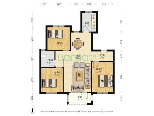 联谊景尚蓝湾 3室1厅1卫 103平方