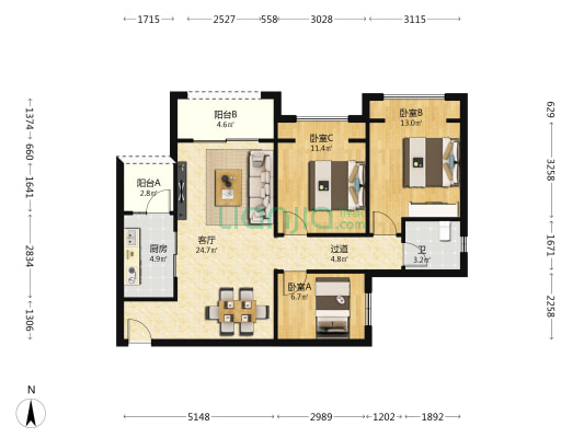 荣盛观云郡云悦组团 3室1厅1卫 93平方