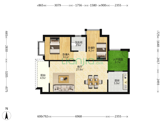 天娇名都 2室1厅1卫 80平方