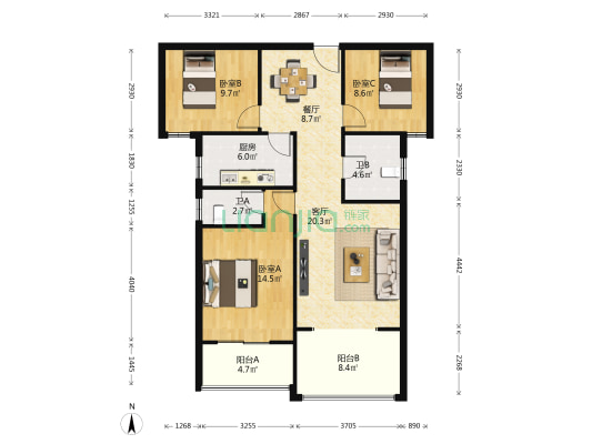 浩创东方国际南区 3室2厅2卫 110平方