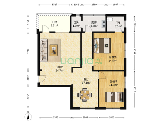 庆业楼 2室2厅2卫 103平方