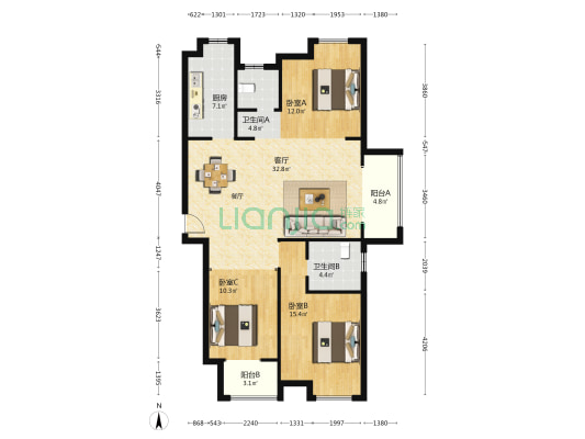 襄阳新天地 3室1厅2卫 144平方