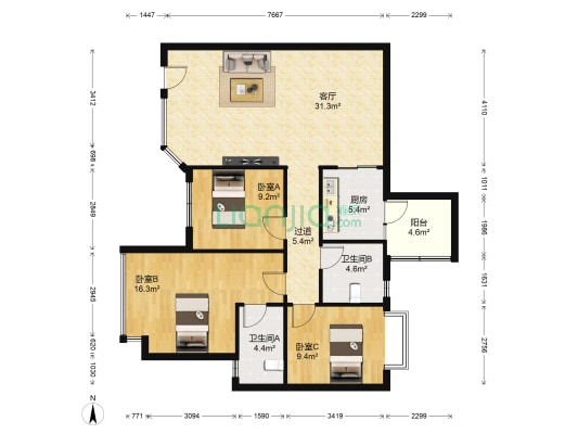 恒大城一期 3室1厅2卫 102平方