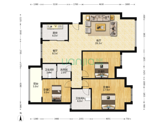 滨江新城 3室2厅3卫 135平方