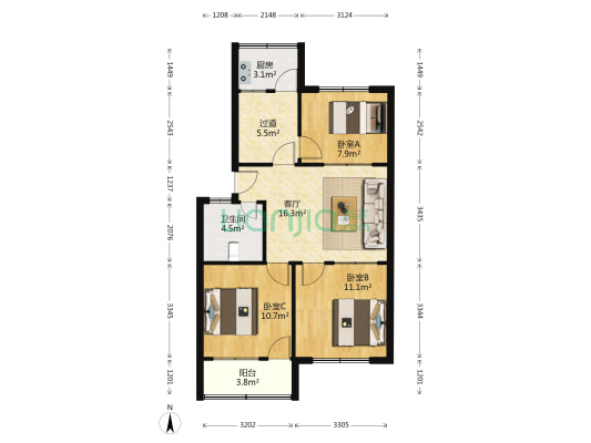 民主苑 3室1厅1卫 80平方