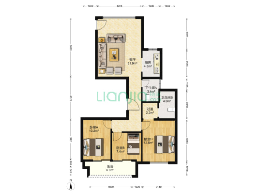 大自然滨江花园 3室1厅2卫 91平方