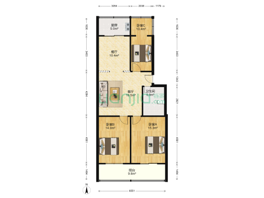 银河公寓 3室2厅1卫 112平方