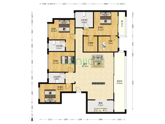 望江府花漫里 5室1厅3卫 176平方