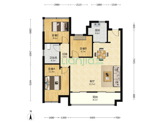 旭辉望樾台 3室1厅1卫 108平方