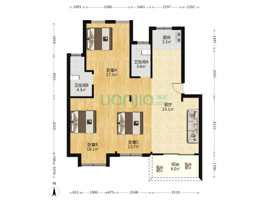 西塘新天地 3室1厅2卫 103平方