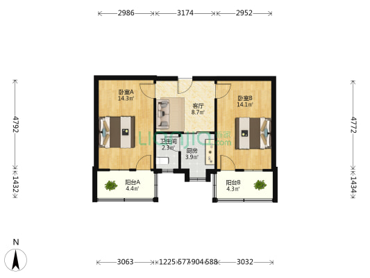 南京东路药检所宿舍 2室1厅1卫 58平方