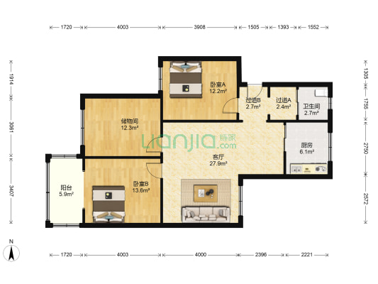 卫居苑 2室1厅1卫 103平方