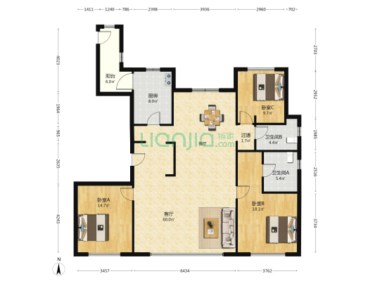 金地阅千峯 3室1厅2卫 176平方