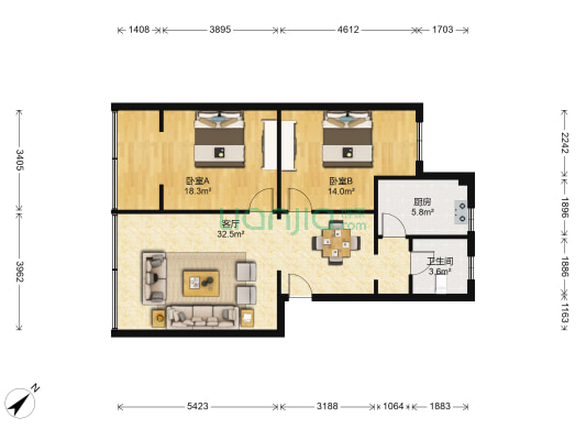 草堂雅居 2室1厅1卫 93平方