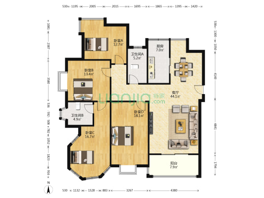 世嘉国际华城二期 4室1厅2卫 171平方