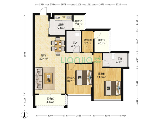 龙光玖龙湖 2室1厅2卫 90平方