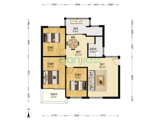 黄贝岭华侨新村 3室2厅1卫 85平方
