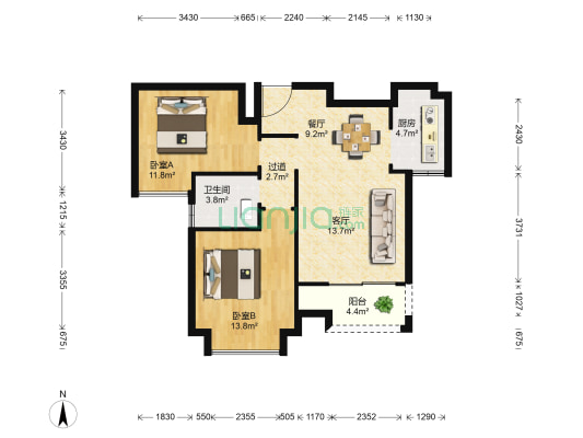 景溪花苑 2室2厅1卫 89平方