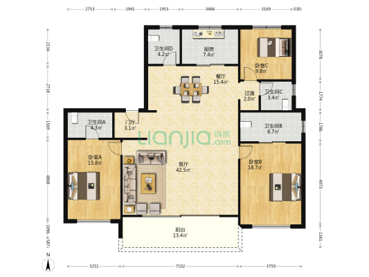 陕建沣渭壹号院 3室2厅4卫 190平方