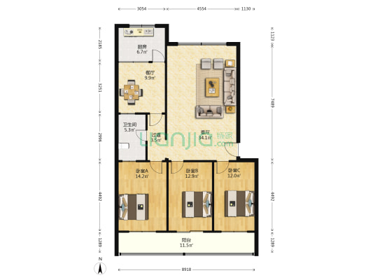 农机宿舍 3室2厅1卫 135平方