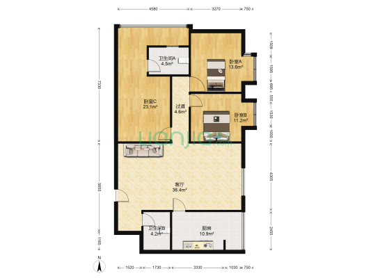 东方明城 3室1厅2卫 130平方