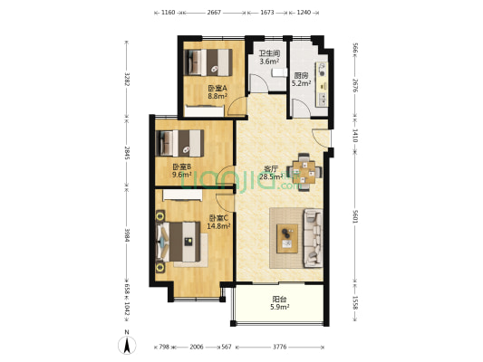 上亿彩虹郡 3室1厅1卫 105平方
