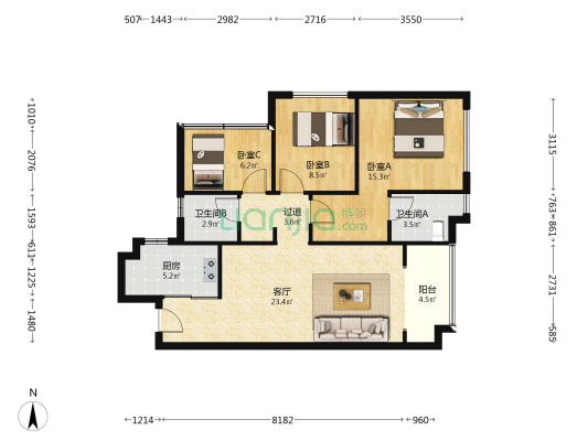中铁诺德·阅泷 3室1厅2卫 87平方