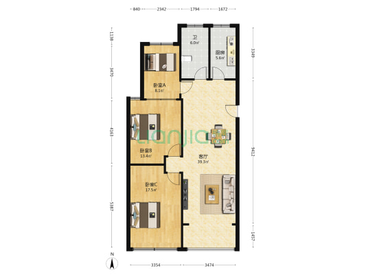 星晨花园 3室1厅1卫 110平方