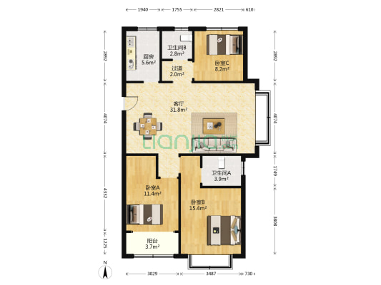 中达开元首府 3室1厅2卫 118平方