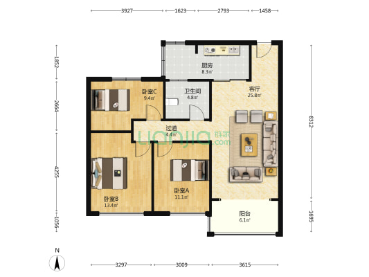 碧桂园 3室1厅1卫 108平方