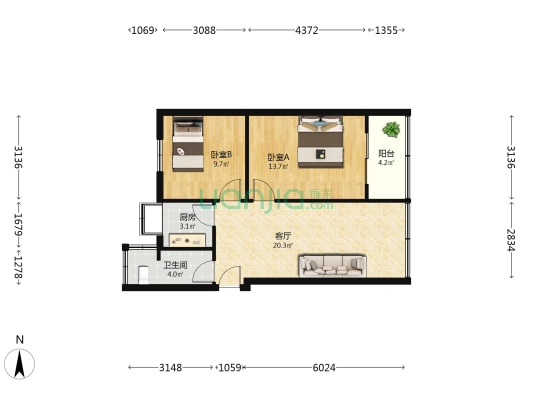 中山路382-400号 2室1厅1卫 63平方