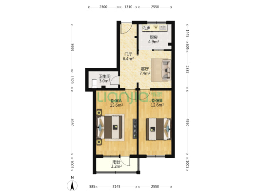 七贤村 2室1厅1卫 67平方