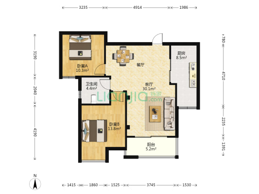 江南府邸 2室1厅1卫 92平方