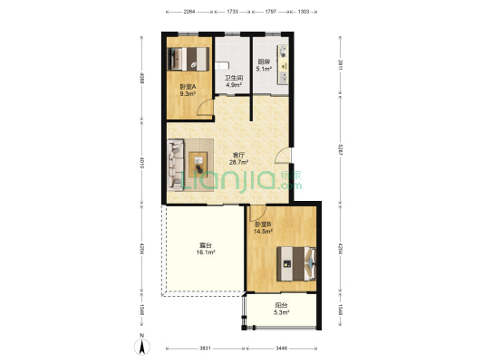 海宇嘉园 2室1厅1卫 81平方