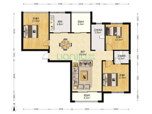 滨江花园 3室1厅2卫 92平方