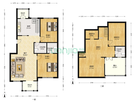 富民东里 2室1厅3卫 119平方