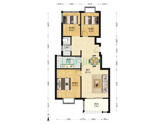 通宇林景蘭园 3室1厅1卫 90平方