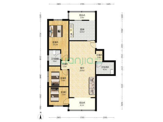 巨人树小区 3室1厅2卫 102平方