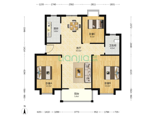 格林春天 3室1厅1卫 109平方