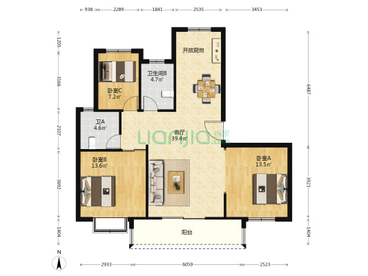 金福家园 3室1厅2卫 123平方