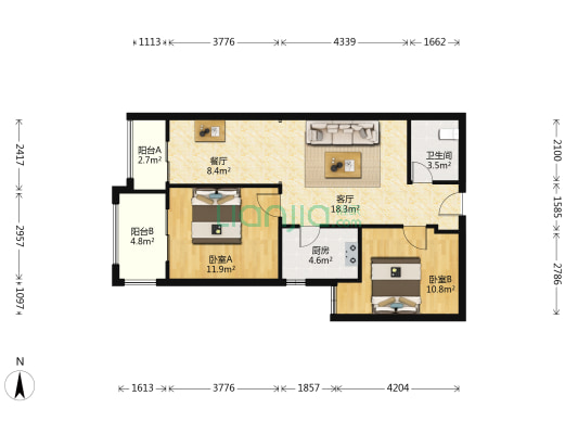 天誉龙邸南区 2室2厅1卫 85平方