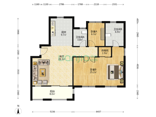 绿都绣云里 2室1厅2卫 116平方