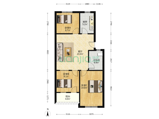 粮食局宿舍 3室1厅1卫 69平方