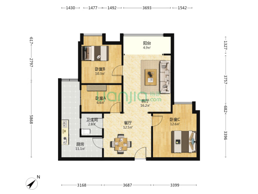 万州区玉安还房 3室2厅1卫 92平方