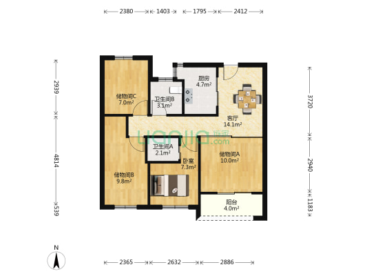 弘阳上煕名苑 1室1厅2卫 89平方