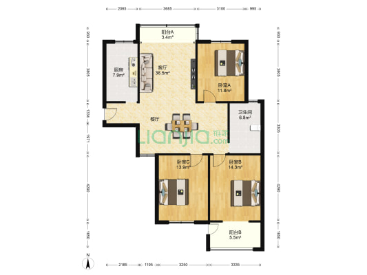 永泓花园 3室1厅1卫 136平方