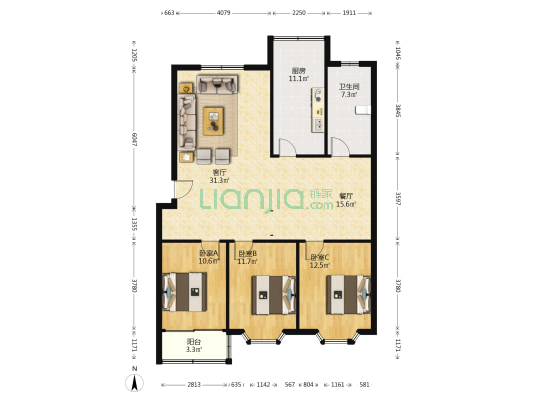福华园(胶州) 3室2厅1卫 126平方