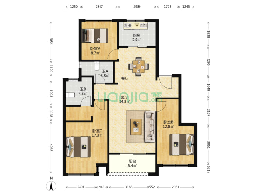 臻和院 3室1厅2卫 120平方