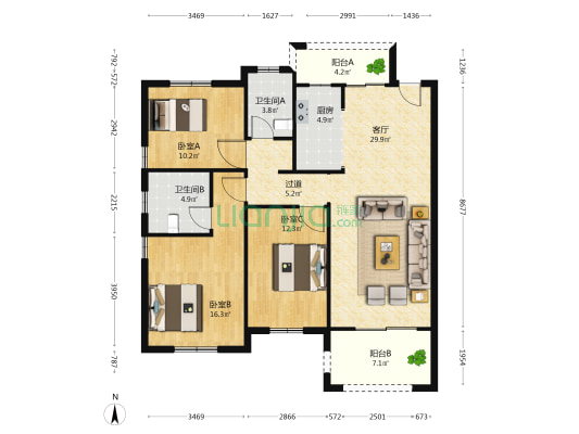 清姚嘉园 3室1厅2卫 123平方