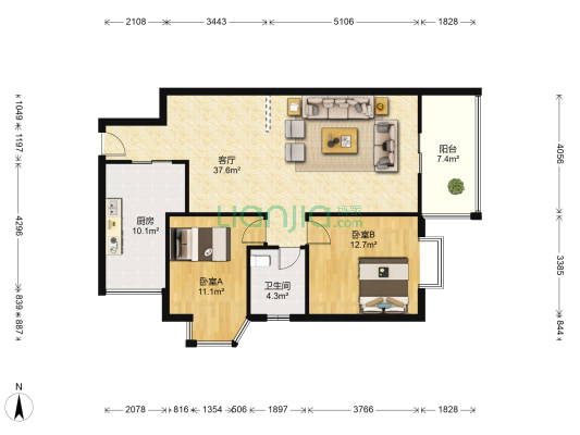 置信逸都丹郡B区 2室1厅1卫 94平方
